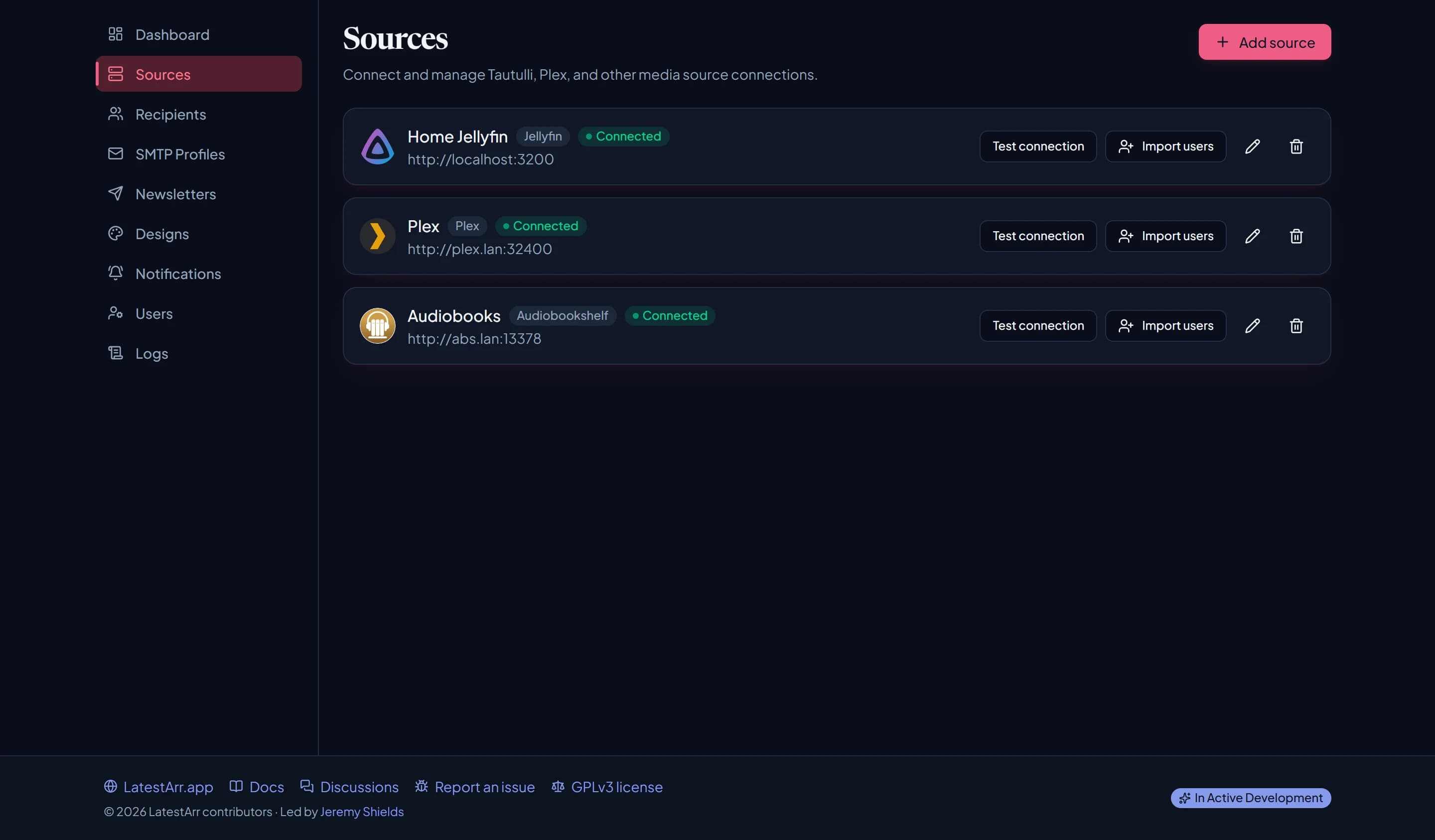 The Sources page listing connected sources with their status and actions