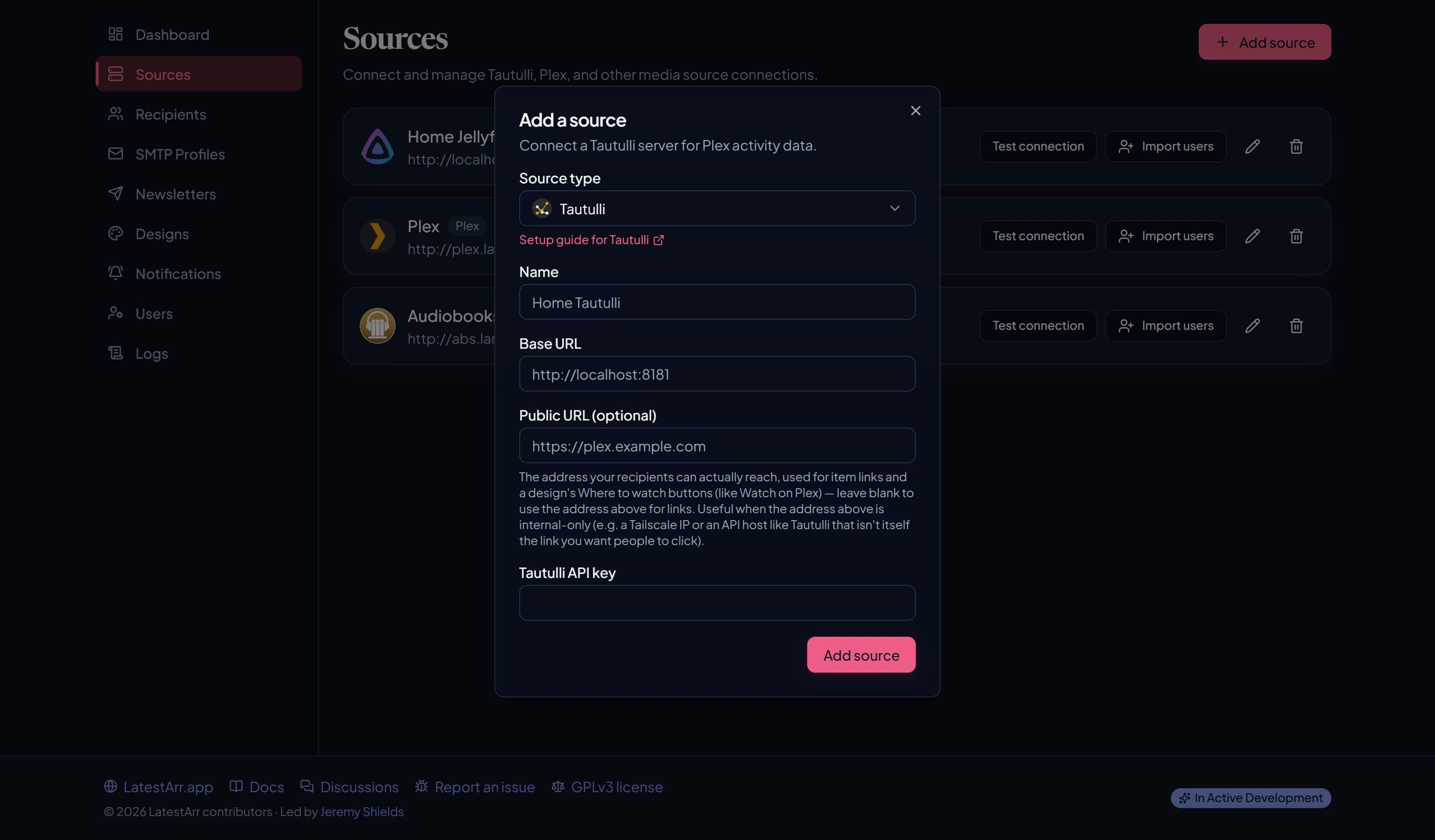 The Add source dialog with Tautulli selected, showing its credential fields and a link to its setup guide