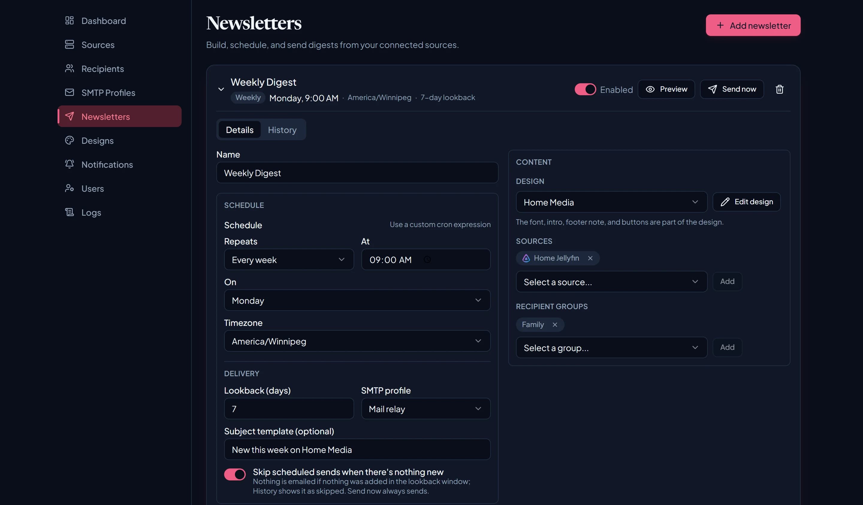 A newsletter's settings: schedule, delivery, design, sources, and groups