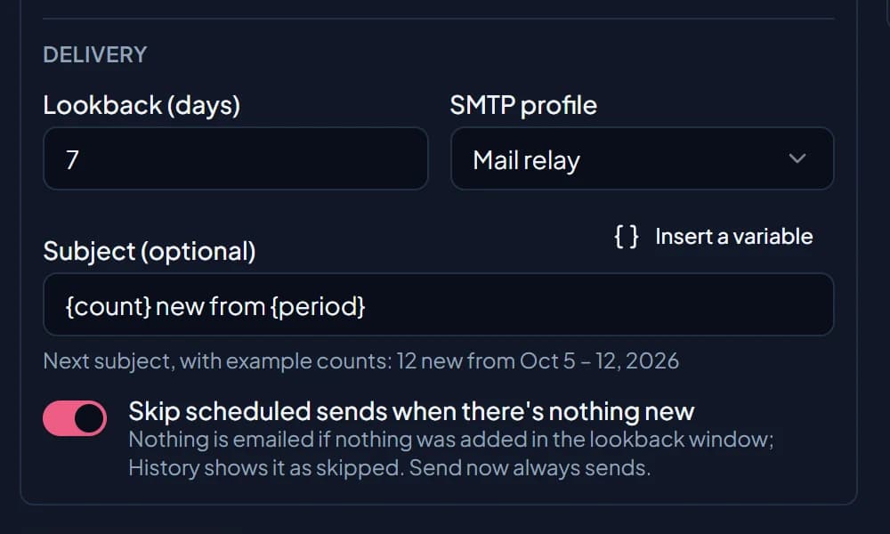 A newsletter's subject set to {count} new from {period}, with a preview of the next subject