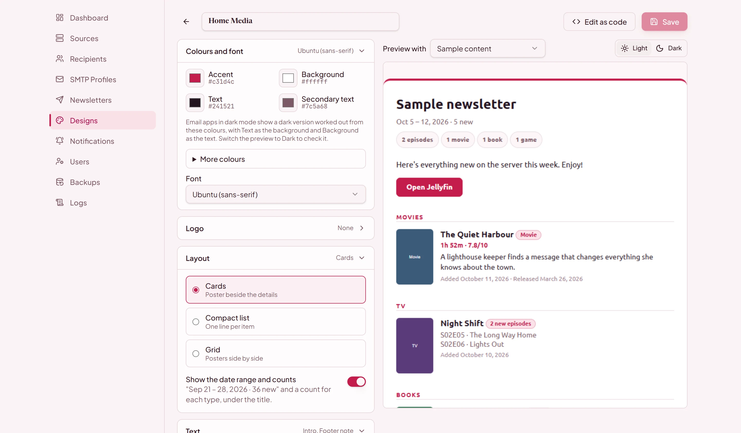 The design editor's colours, font, logo, and layout options beside a live preview of the email