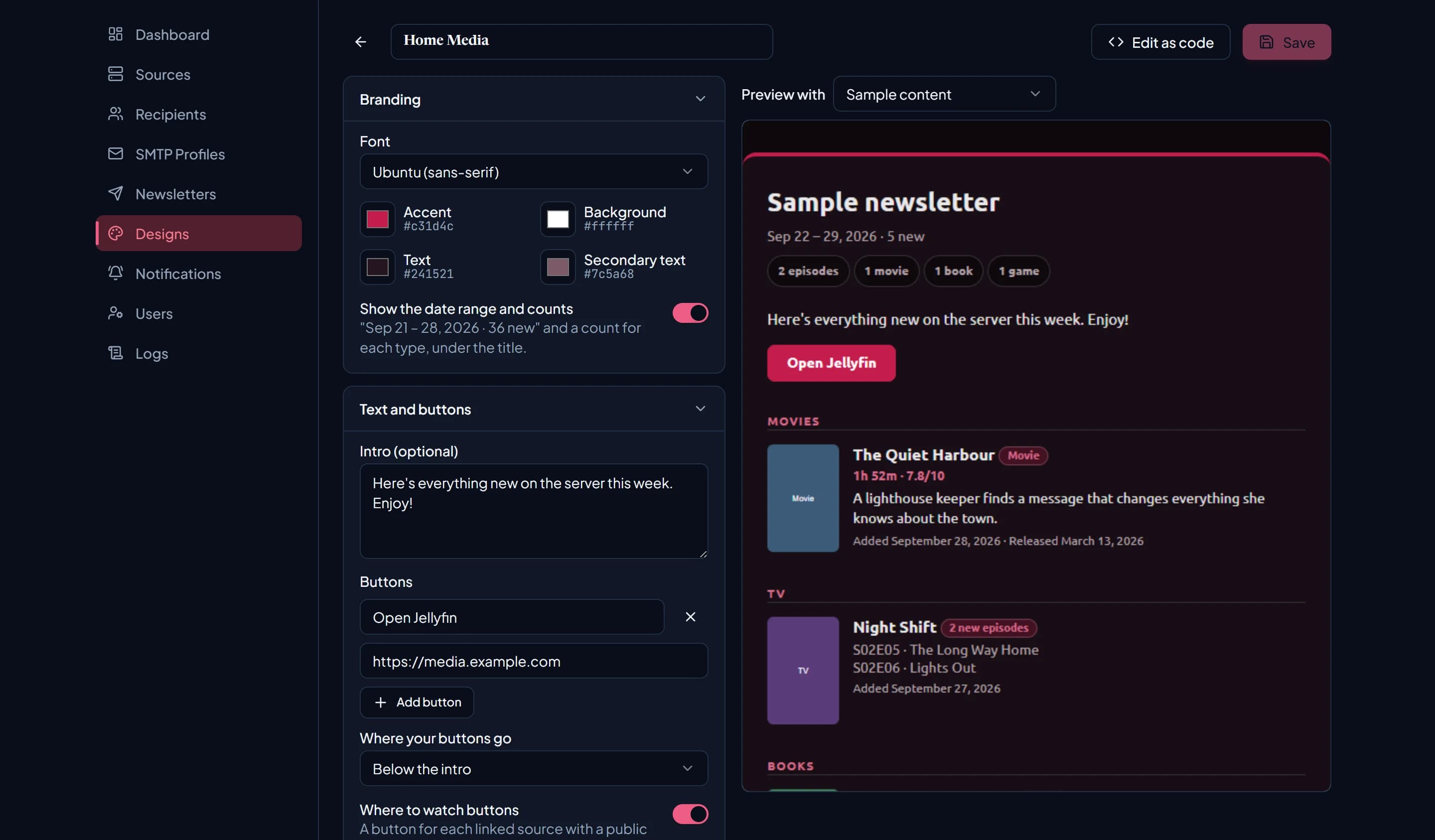 The design editor with Branding and Text and buttons panels beside a live preview