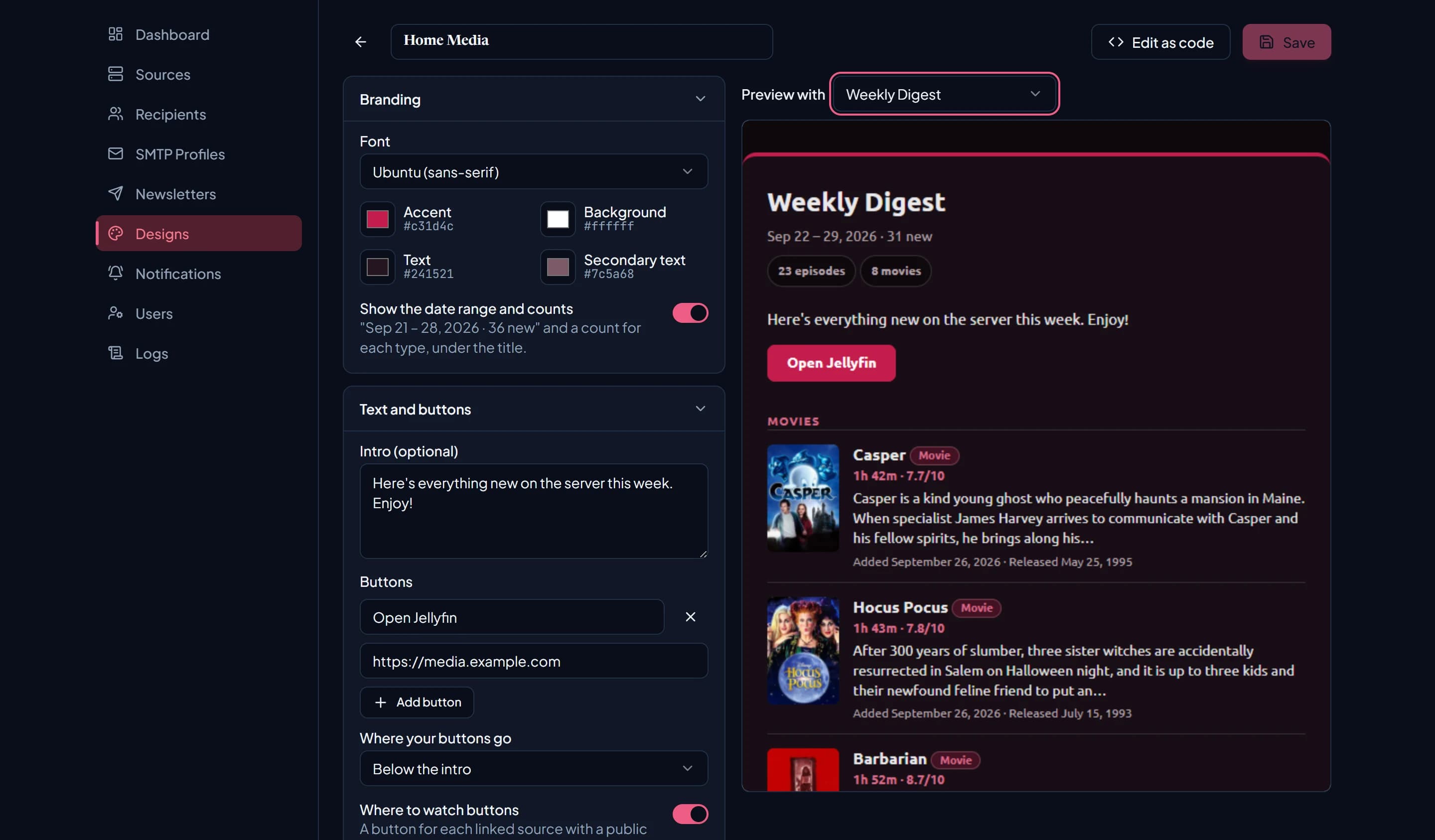The design editor previewing a real newsletter's items