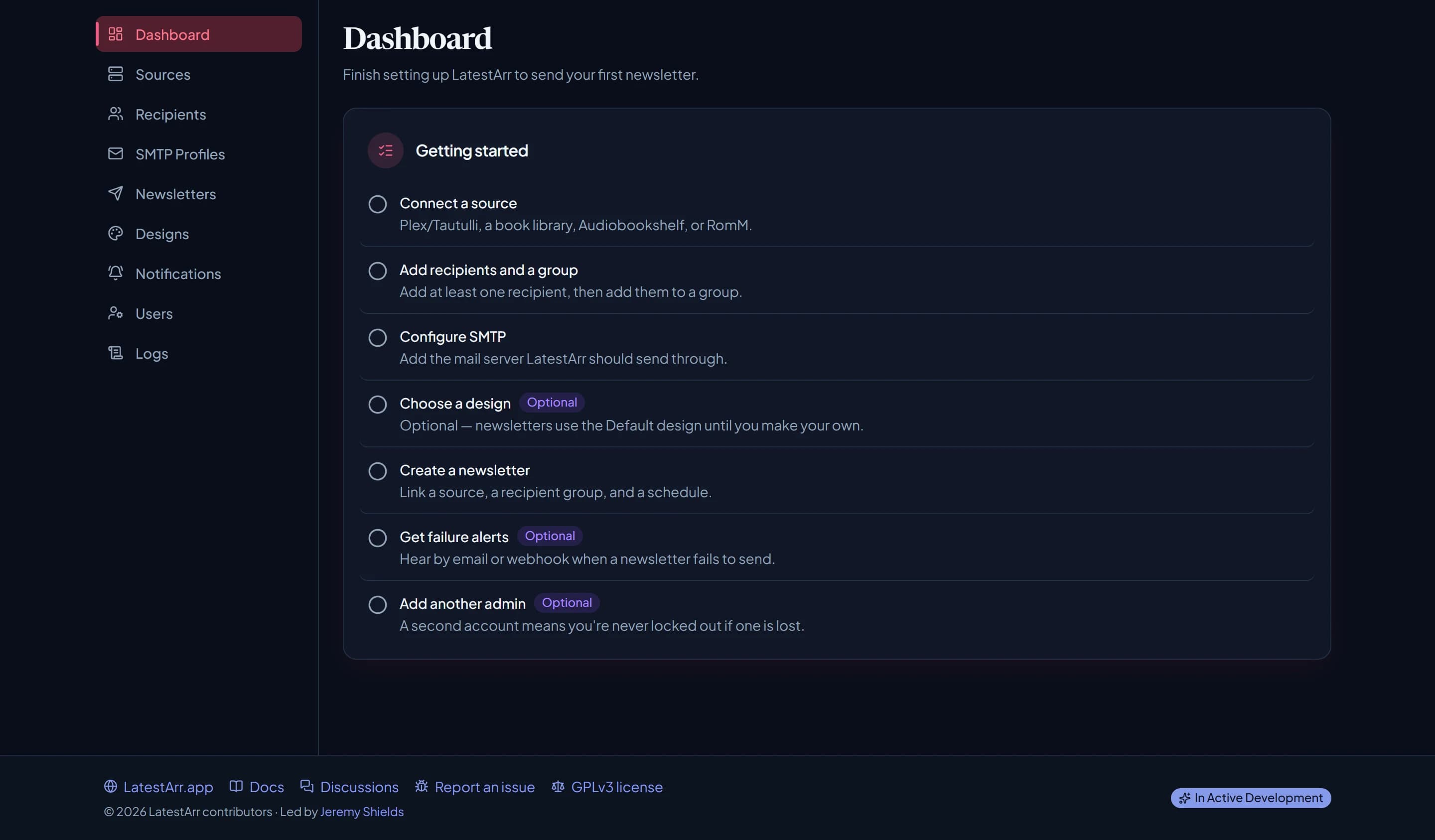 The dashboard's Getting started checklist on a new install