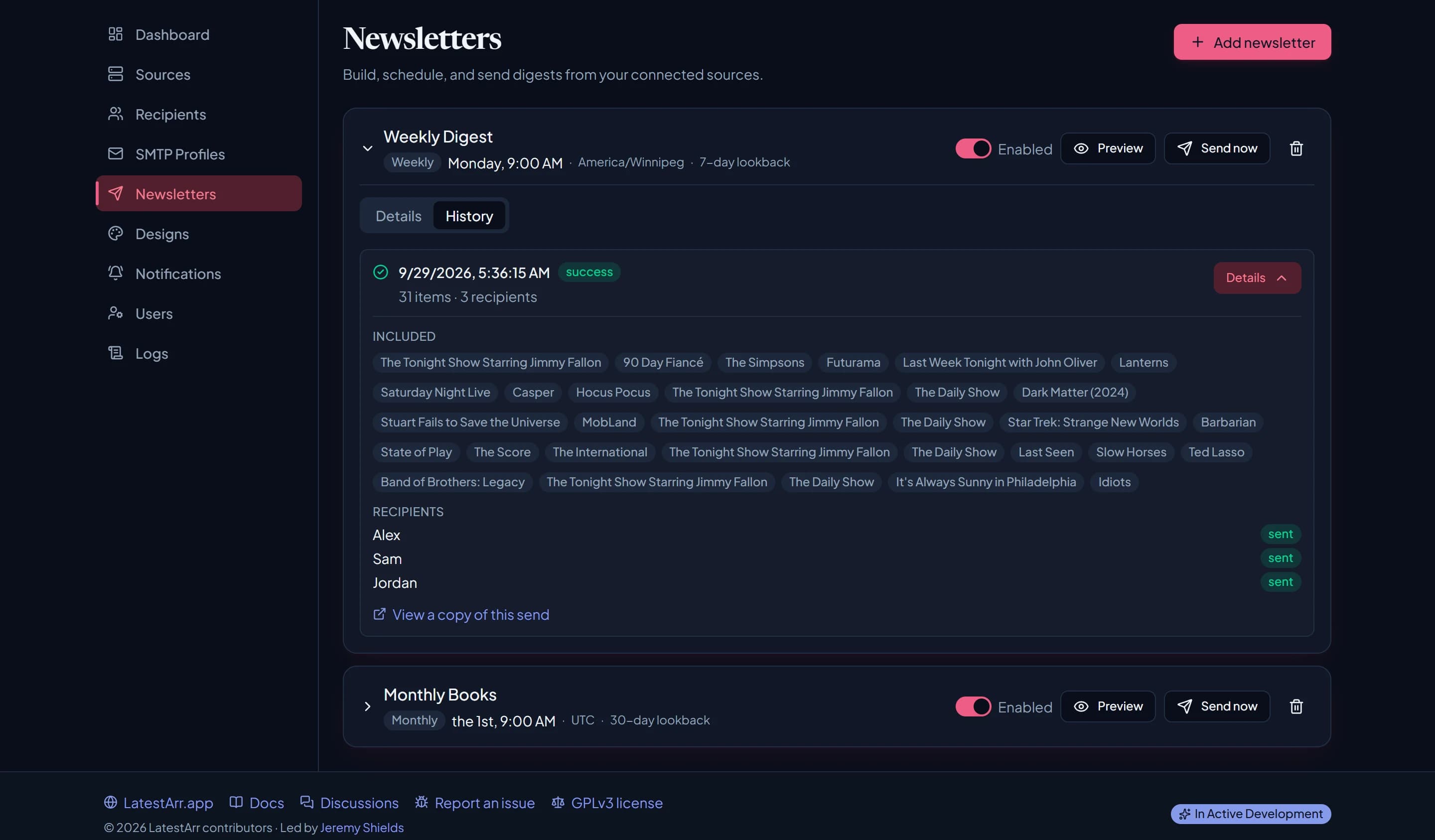 A newsletter's send history with one send expanded to show included items and delivery to each recipient