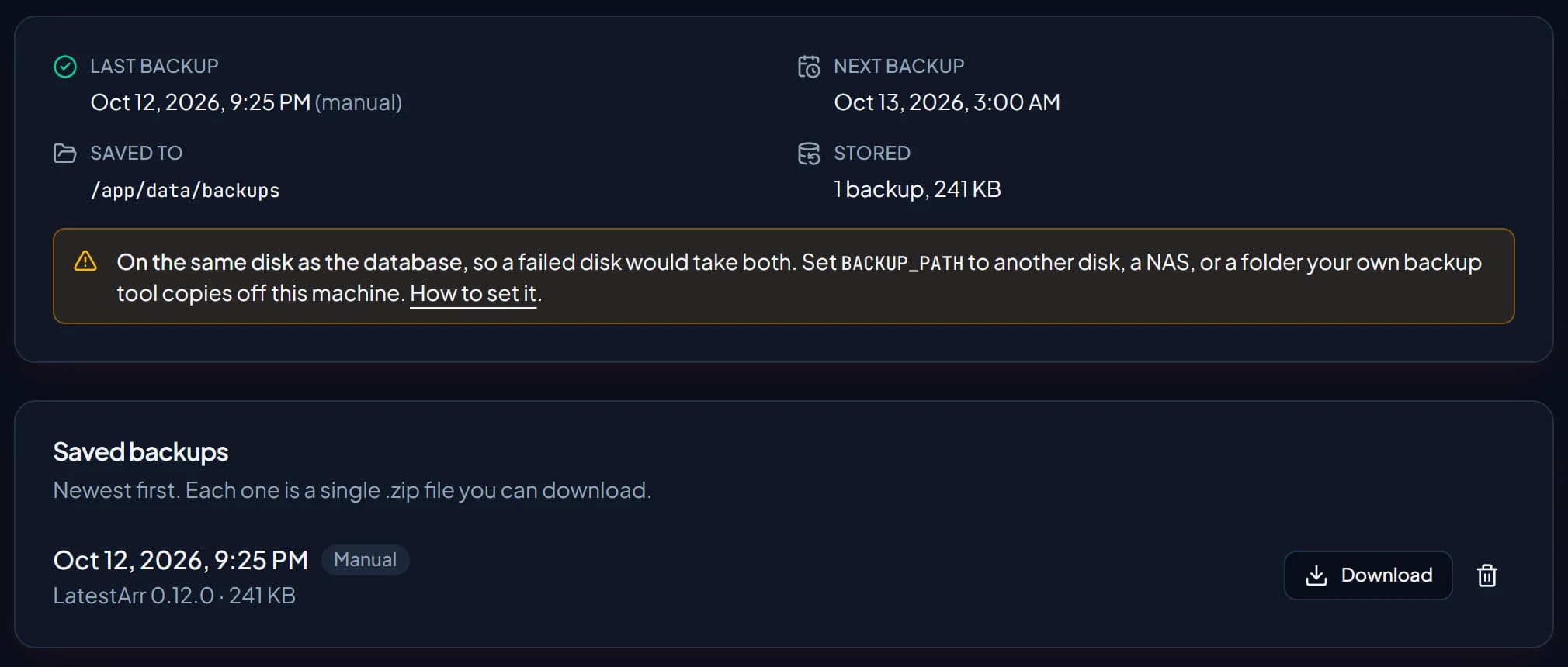 The Backups page's status card and saved backups, with a note that backups share the database's disk