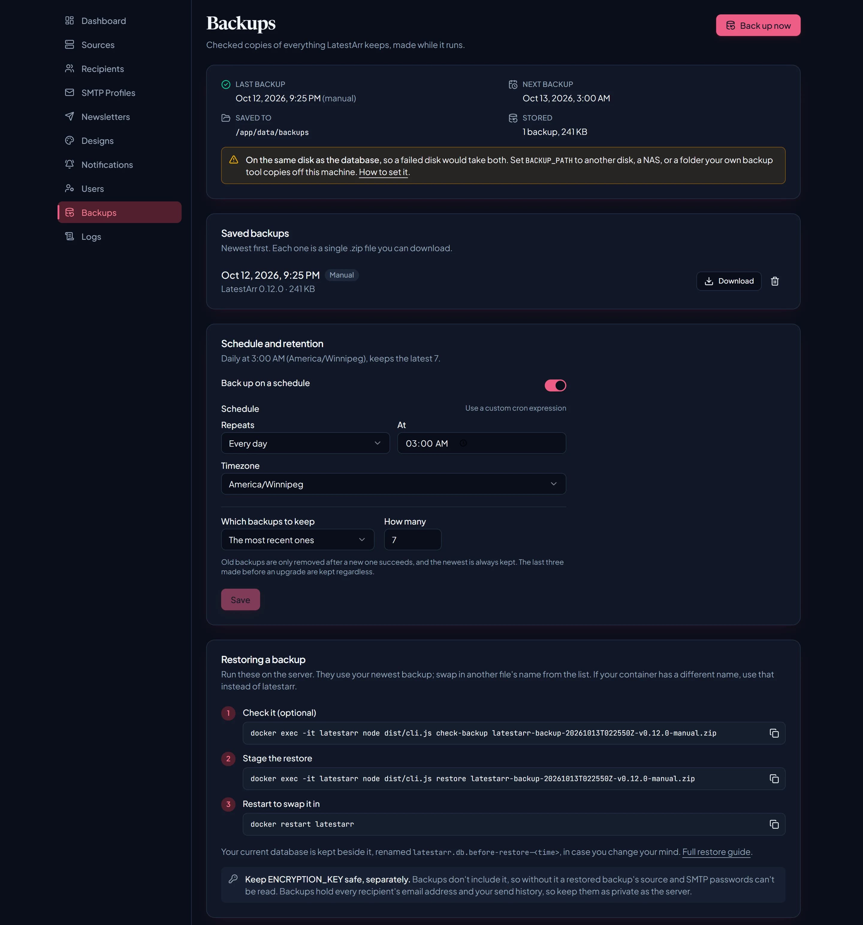 The Backups page: status, saved backups, schedule and retention, and the three restore commands