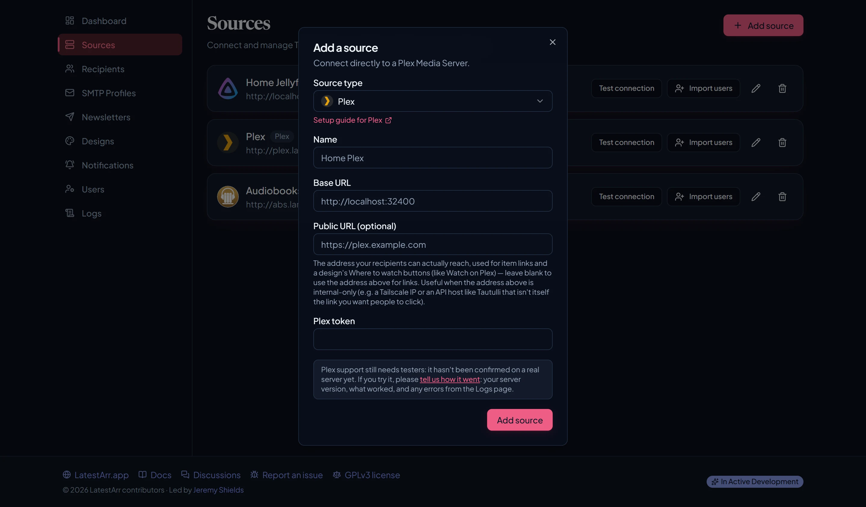 The Add source dialog with Plex selected, showing its credential fields and a link to its setup guide