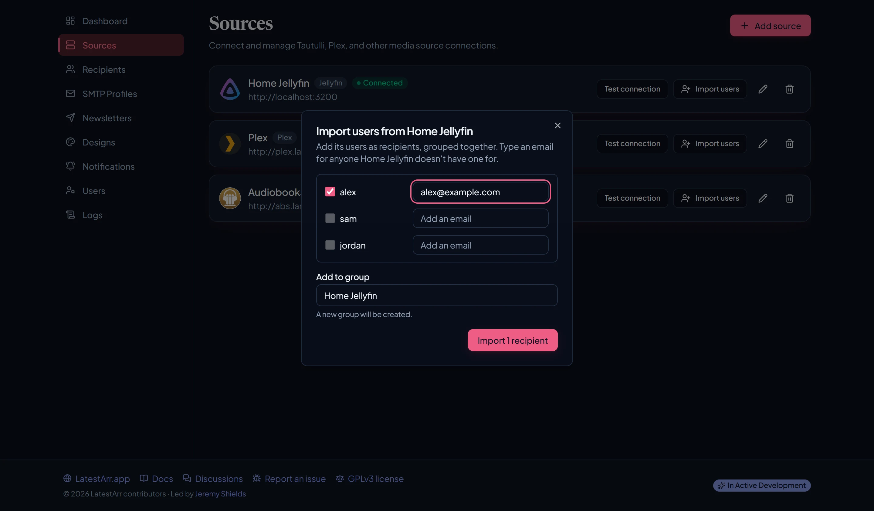 The Import users dialog, listing users from a source with email fields for those the server doesn't share