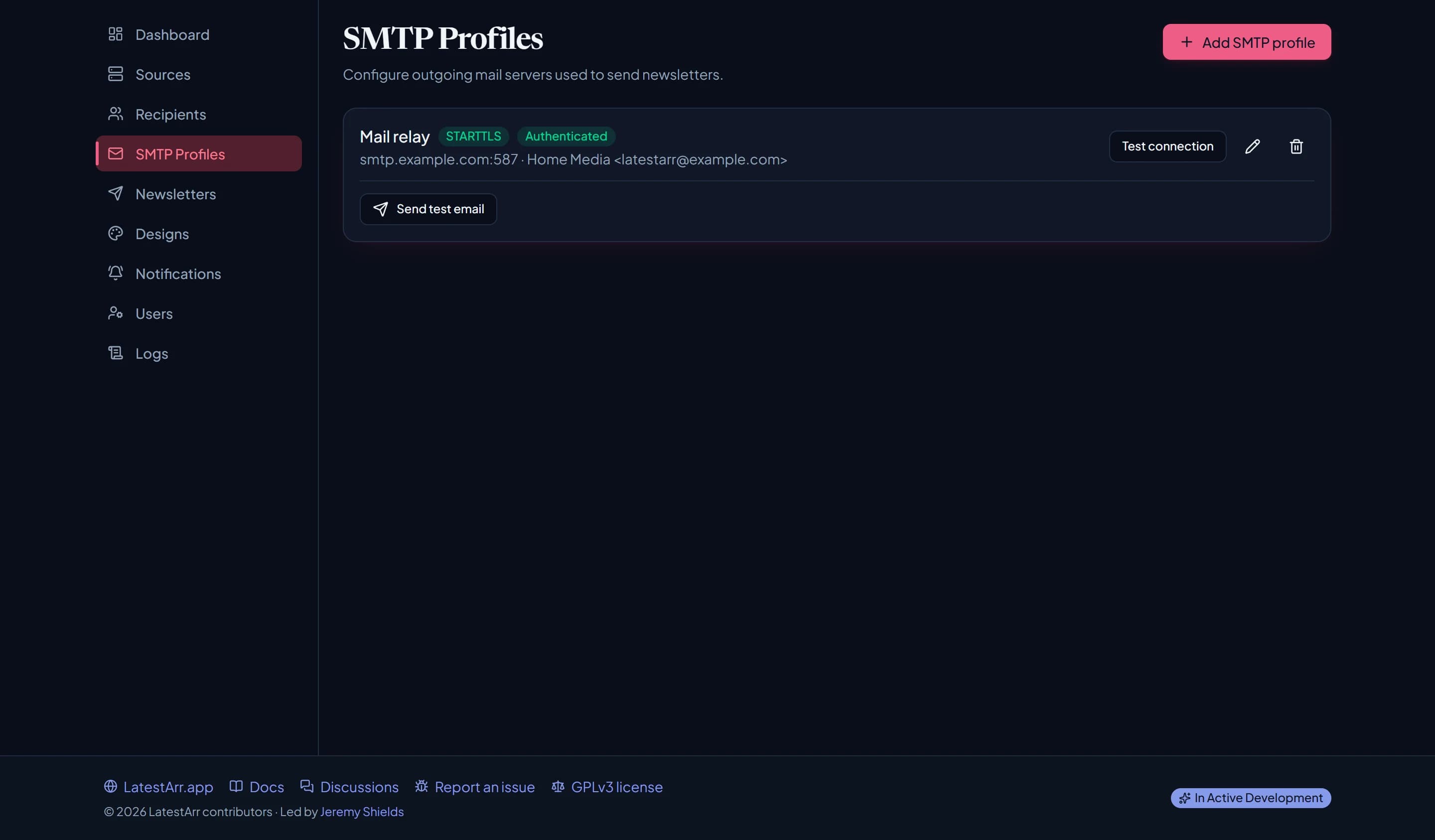 The SMTP Profiles page listing a configured profile