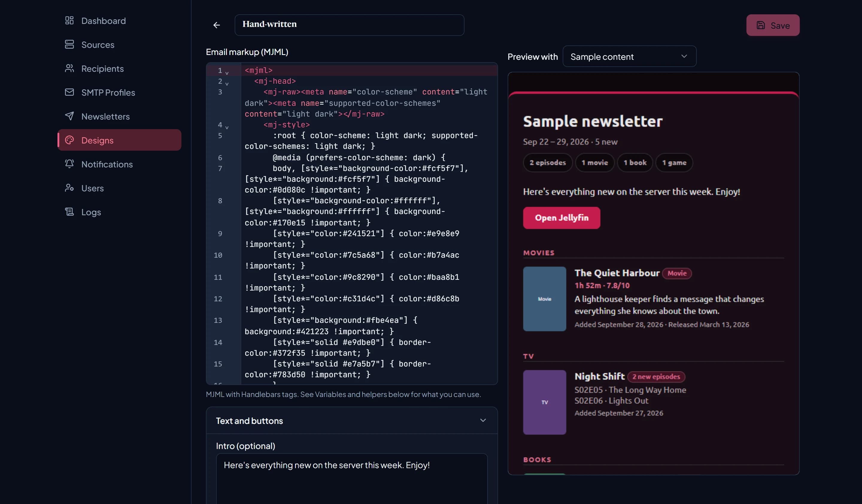 Code mode: an MJML editor beside the live preview of the email