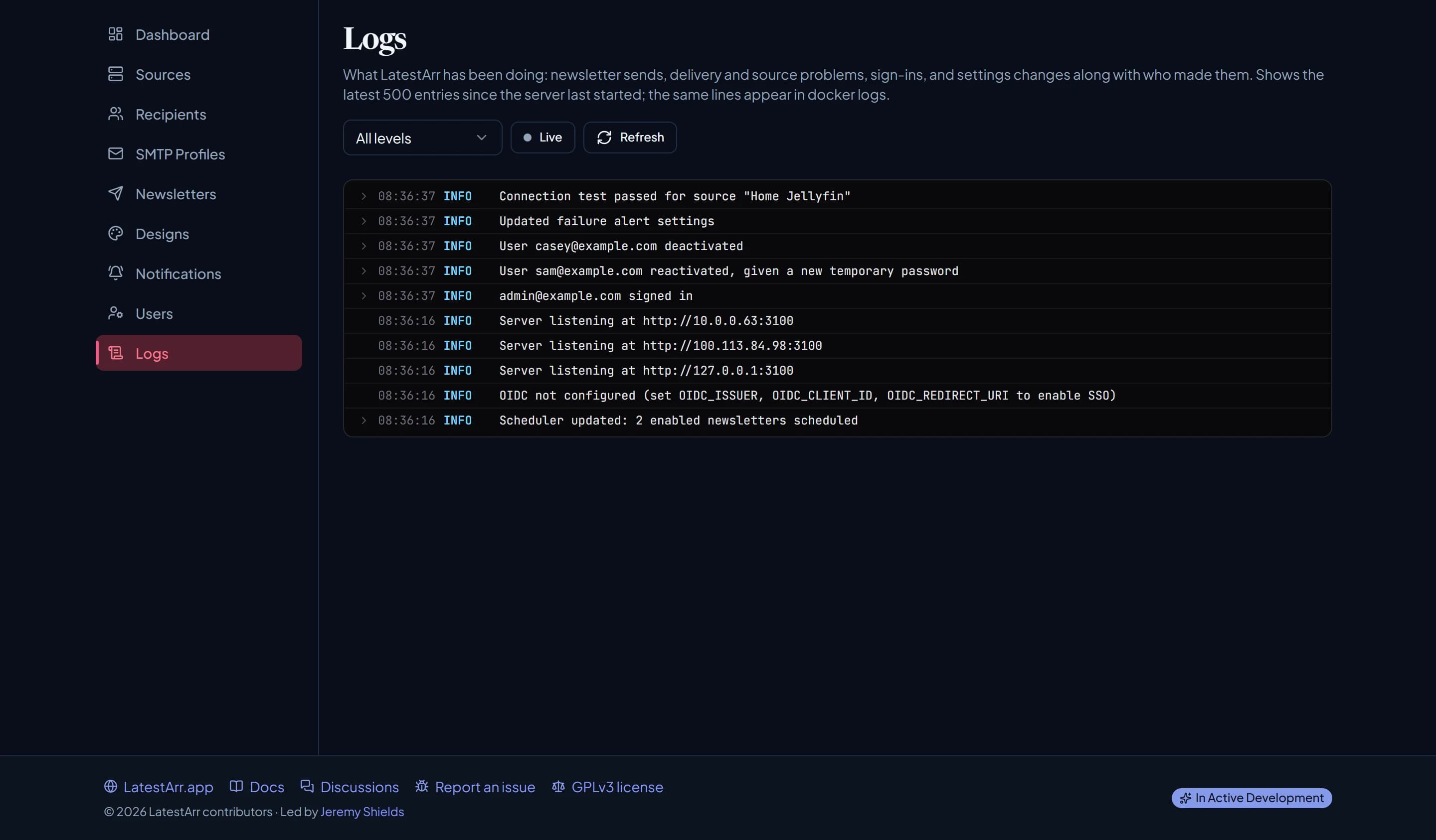 The Logs page showing recent log lines with levels