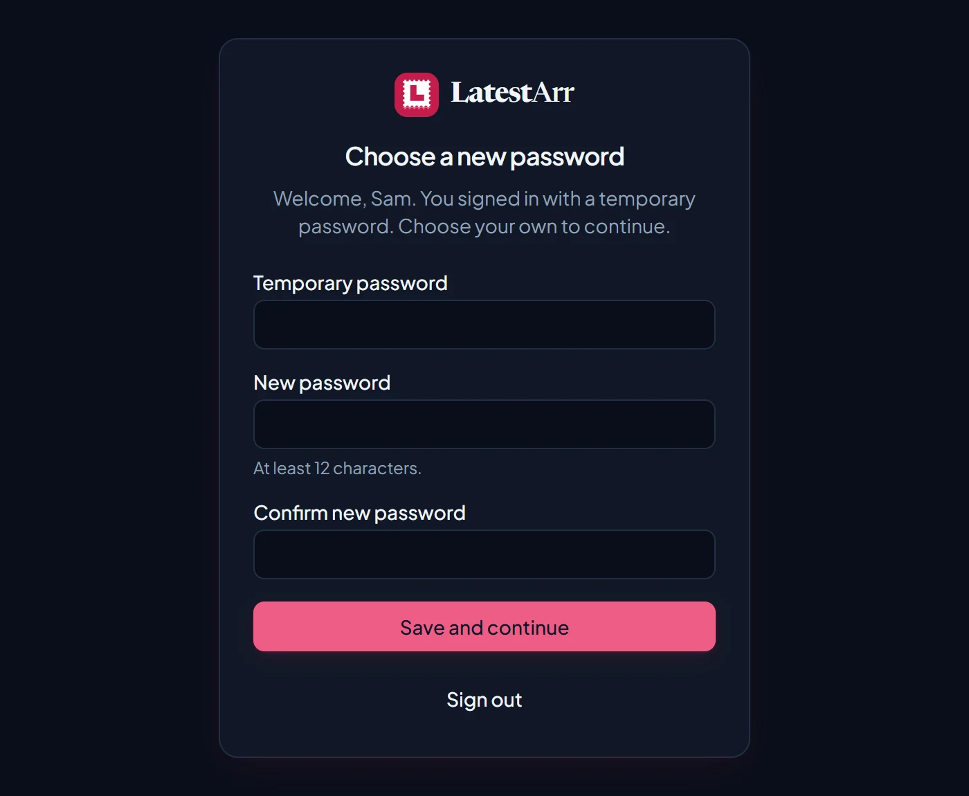 The Choose a new password screen shown after signing in with a temporary password